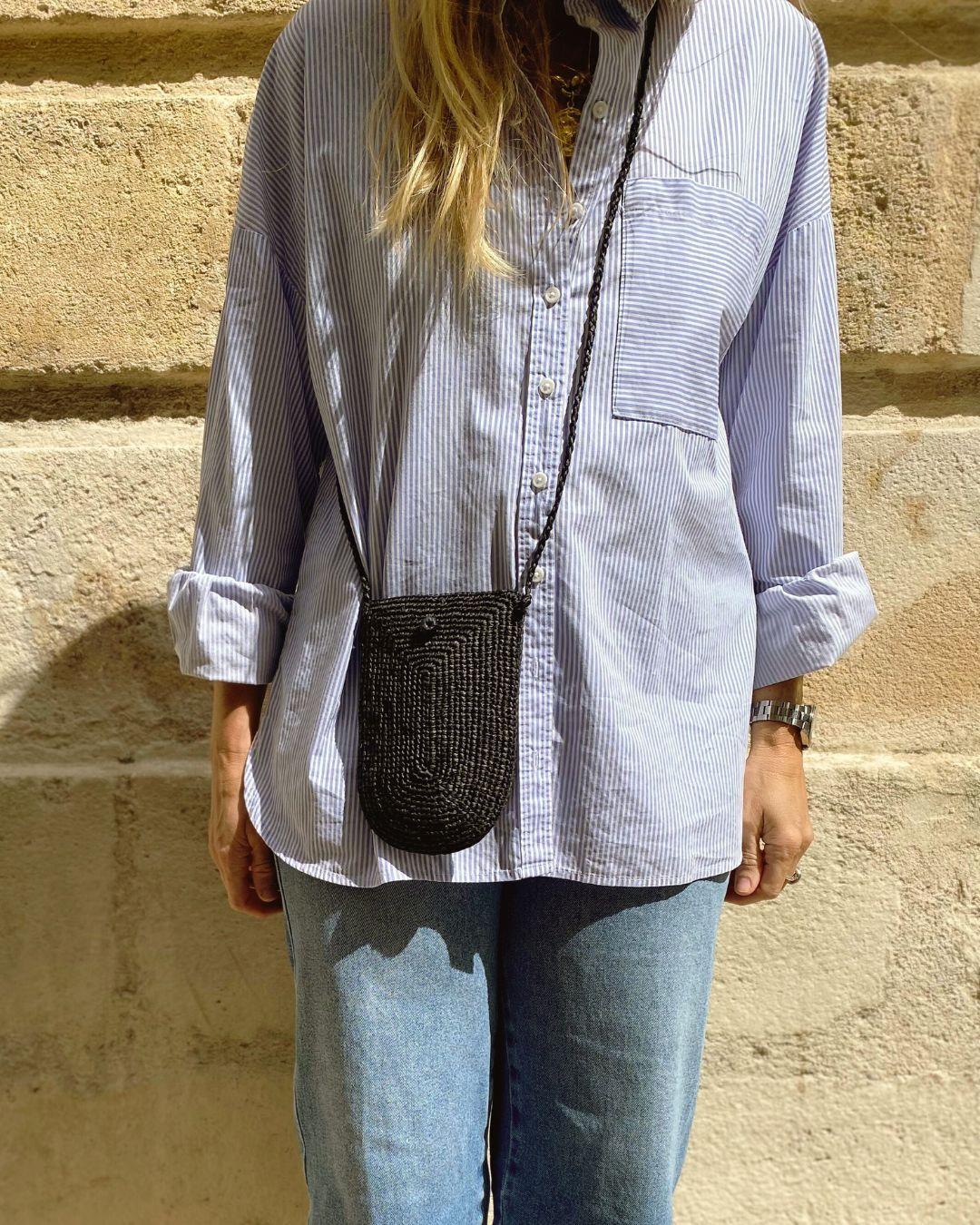 Aloha- pochette téléphone en raphia à bandoulière noir
