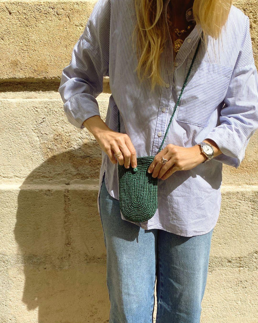 Aloha- pochette téléphone en raphia à bandoulière vert