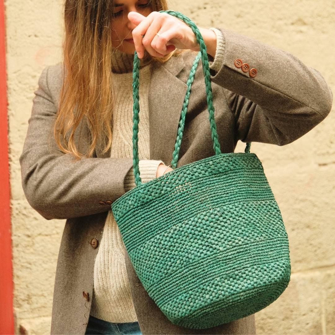 grand sac seau en raphia vert