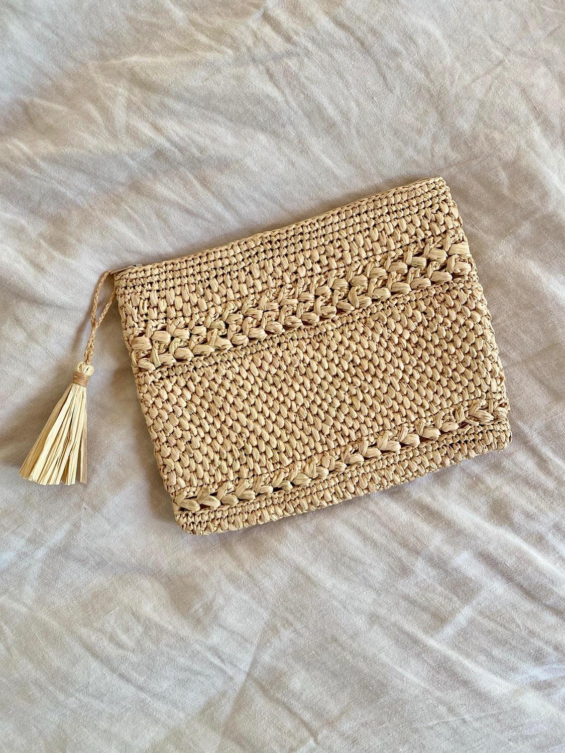 Pochette raphia crochet, petite pochette, pompon raphia, petite pochette raphia, pochette plage