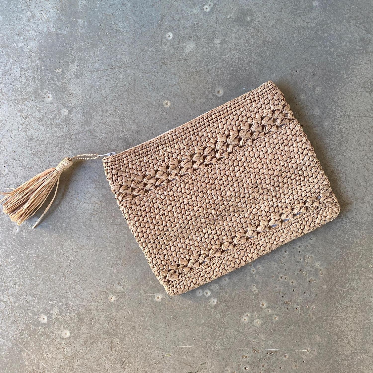 Pochette raphia crochet, petite pochette, pompon raphia, petite pochette raphia, pochette plage