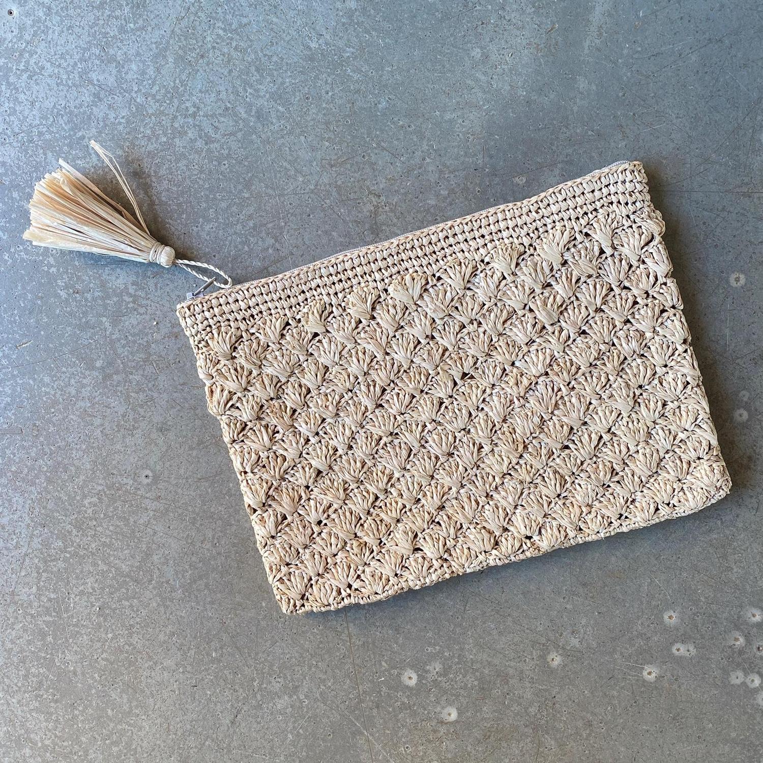 Pochette raphia crochet, petite pochette, pompon raphia, petite pochette raphia, pochette plage