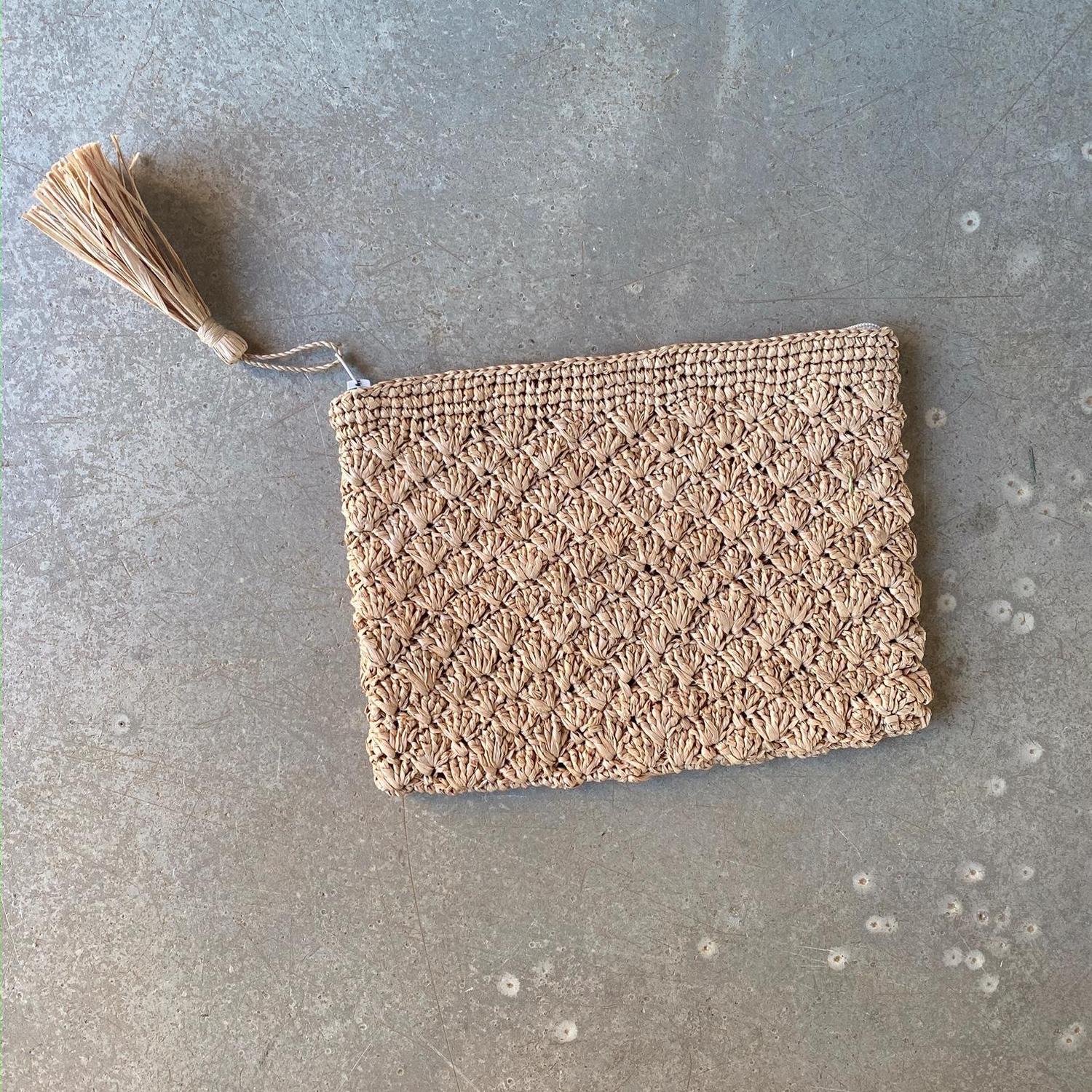 Pochette raphia crochet, petite pochette, pompon raphia, petite pochette raphia, pochette plage