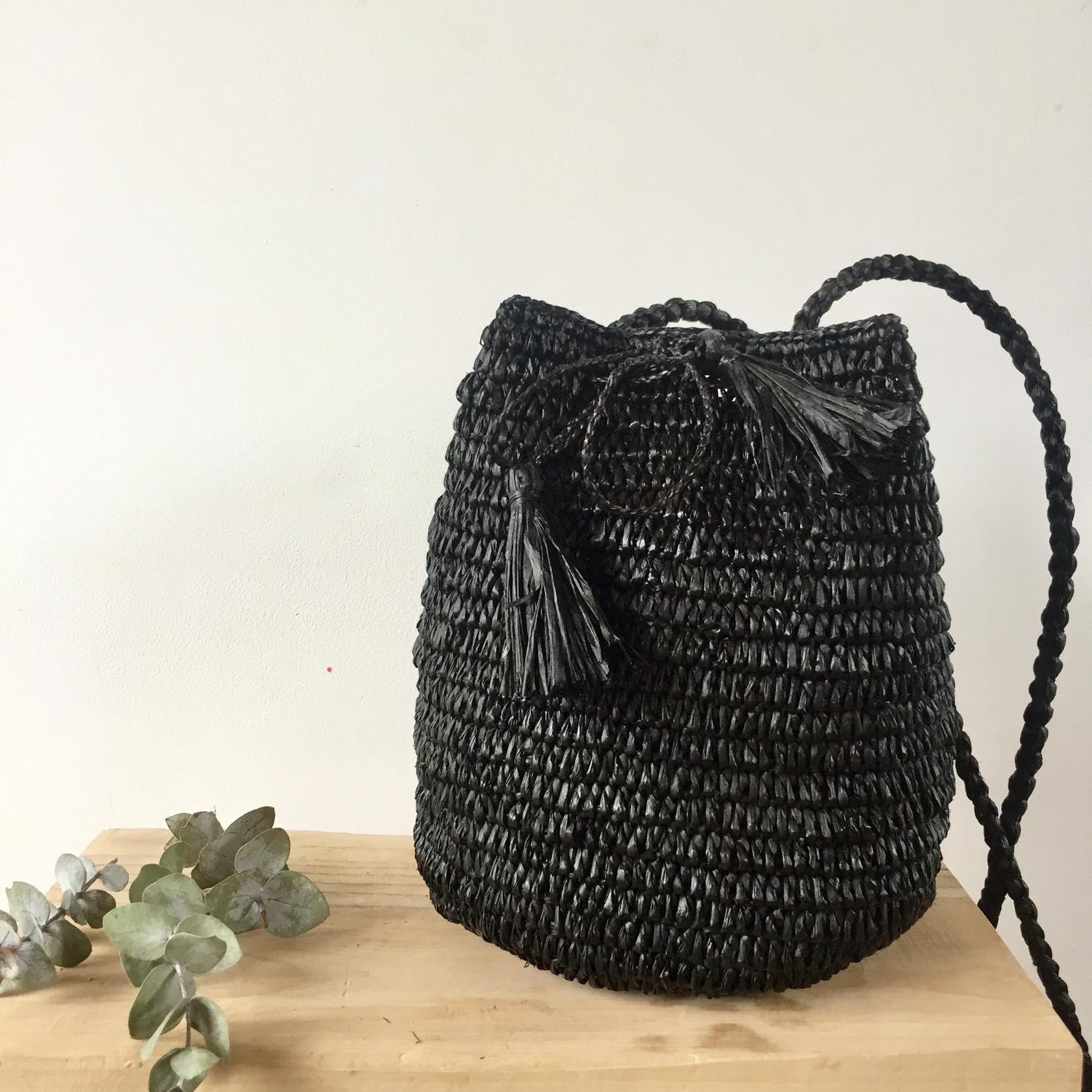 Sac bandoulière raphia, sac bourse en raphia, pompon raphia