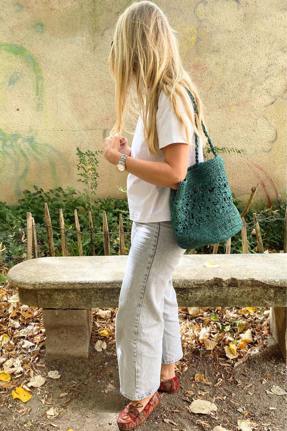 FLORES- sac seau fleurs en raphia crochet