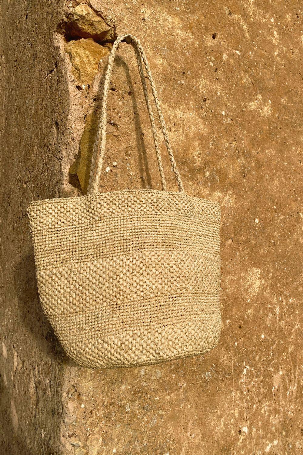 sac seau en crochet de raphia naturel