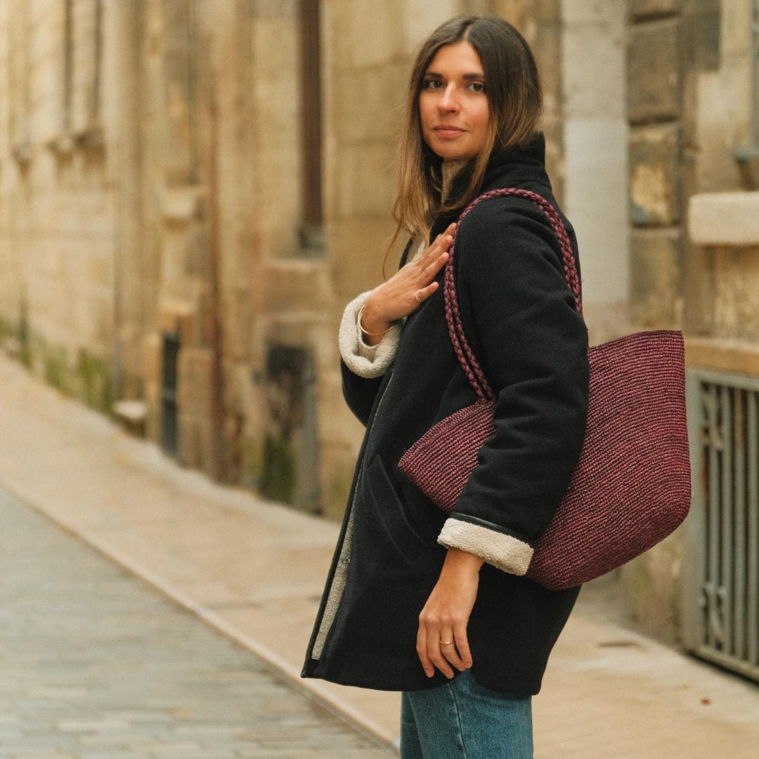grand cabas bordeaux en crochet de raphia