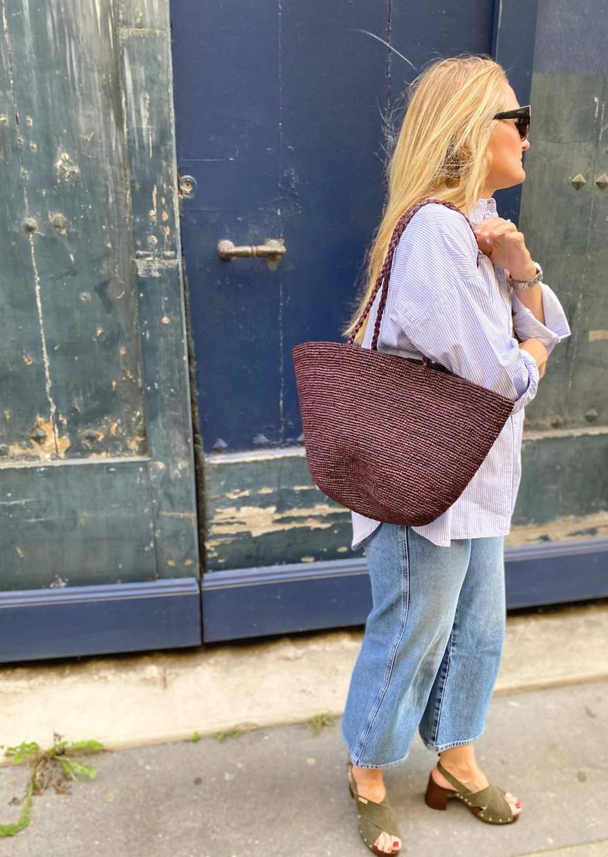 grand sac cabas en crochet de raphia chocolat